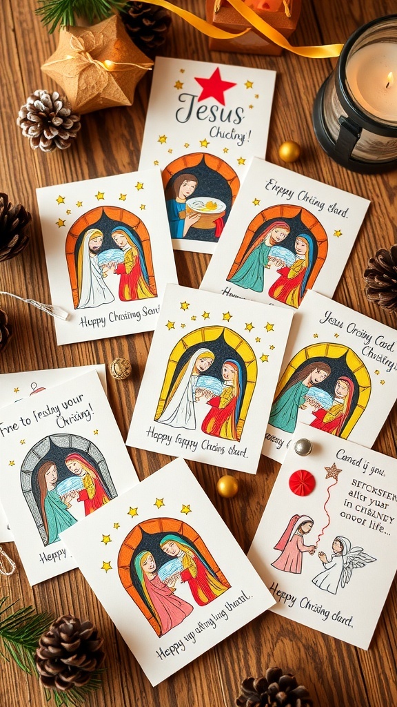 Handmade Christmas cards with Jesus-themed designs on a wooden table with festive decorations.